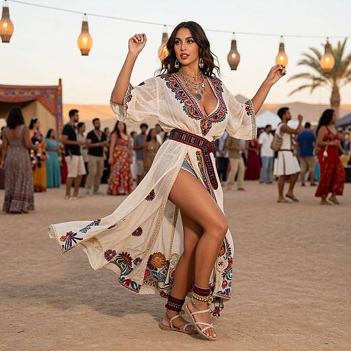 Photograph of a confident, dark-haired woman in a white, embroidered, flowing robe, revealing a high slit, dancing at a vibrant desert festival with