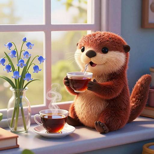 Cute, plush otter sips tea by sunny window, with blue flowers in glass vase and two teacups on windowsill. Digital art