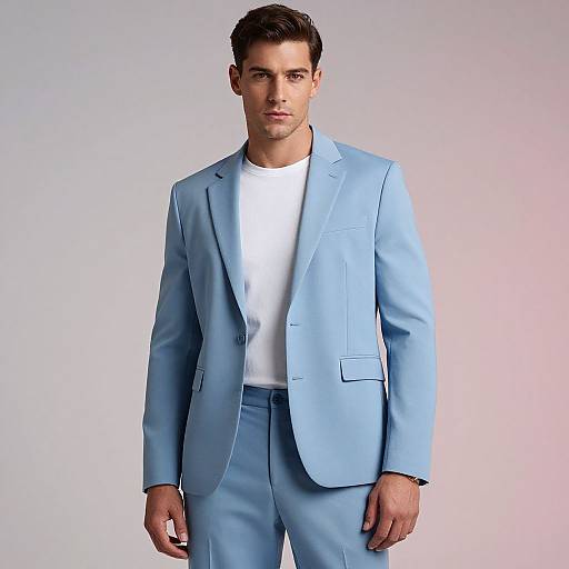 Photograph of a handsome man with short dark hair, wearing a light blue suit over a white t-shirt, standing against a gradient white-to-pink