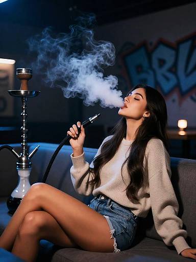 Woman Smoking Shisha in Modern Hookah Lounge