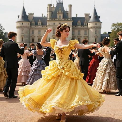 Photograph of a young woman in a yellow, ruffled ball gown, dancing in an outdoor ballroom with a castle backdrop. Elegant, historical,