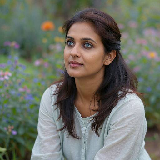 Photograph of a young Indian woman with dark brown hair, blue eyes, and fair skin, wearing a white embroidered blouse, sitting in a vibrant,