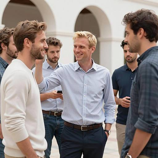 Social Gathering Among Friends with Arched Doorways