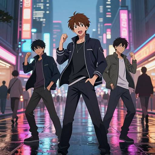 Anime-style digital artwork of three young men in a neon-lit, rain-soaked city street at dusk, posing with fists raised.
