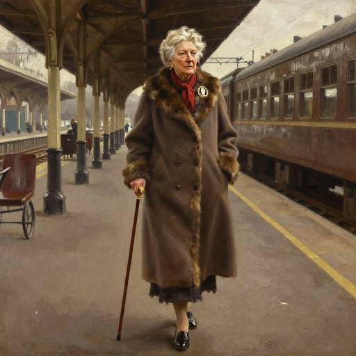 Photograph of elderly woman with short white hair, wearing brown fur coat, red scarf, black shoes, and using a cane, walking on empty train