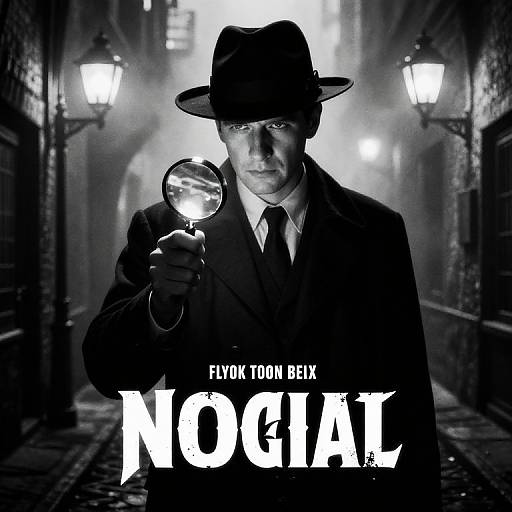 Black-and-white photograph of a suave detective in a fedora and suit, holding a magnifying glass, in a foggy, narrow alley with