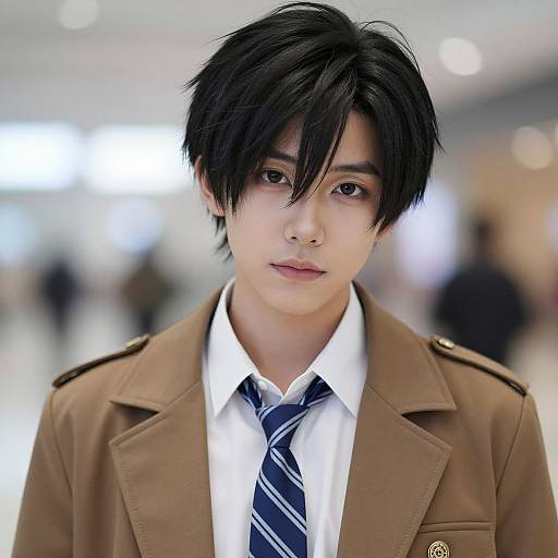 Photograph of a young Asian man with black, slightly messy hair, wearing a brown military-style jacket, white shirt, and blue striped tie, with