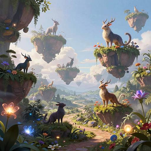 Fantastical digital artwork of deer with antlers on floating rock islands, surrounded by vibrant flowers, glowing orbs, and lush landscape.