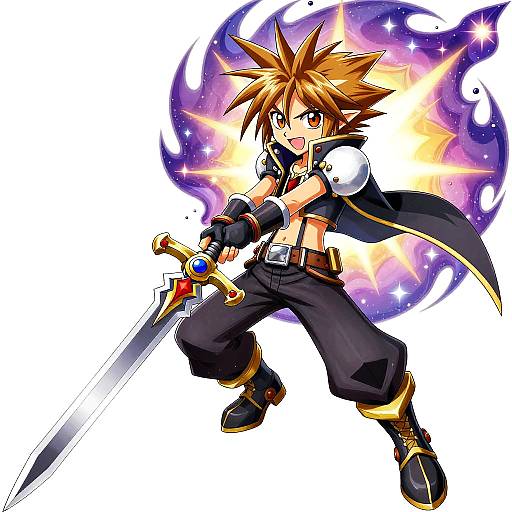 Anime-style drawing of a spiky-haired, brown-eyed warrior with a black cape, holding a glowing sword, surrounded by a starburst aura.