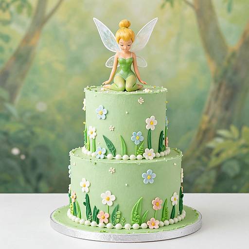 Photograph of a two-tier, green-frosted fairy cake with white and blue flowers, green leaves, and a Tinkerbell figurine on