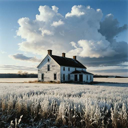 Weathered Farmhouse in Frosty Field with Dramatic Clouds