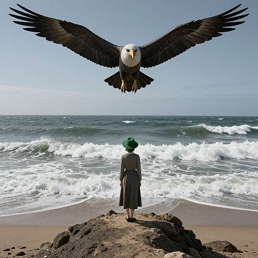 Photograph of a woman in a gray dress and green hat, standing on a rock, facing a soaring bald eagle above a beach with crashing waves.