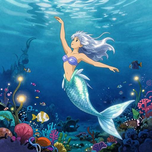 Digital anime-style illustration of a silver-haired mermaid with a blue seashell bra and shimmering green scales, floating gracefully in a vibrant underwater coral