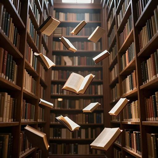 Photograph of a library aisle with floating, illuminated books surrounded by tall, wooden bookshelves filled with books, creating a magical, ethereal atmosphere