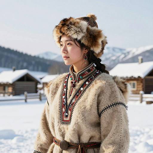 Ancient Sami Clothing in Snowy Village