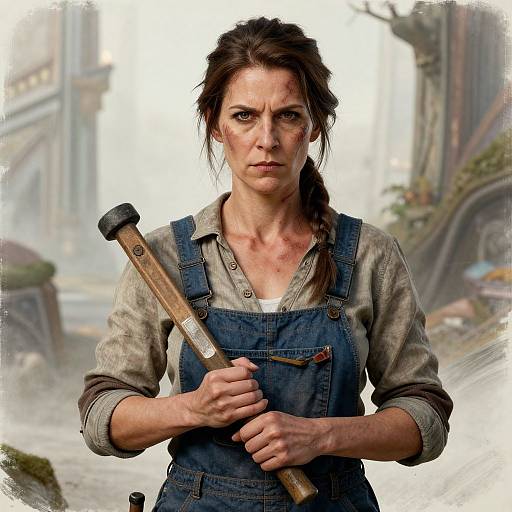 Digital artwork of a determined, bruised woman with brown hair in a braid, wearing denim overalls and a gray shirt, gripping a wooden hammer