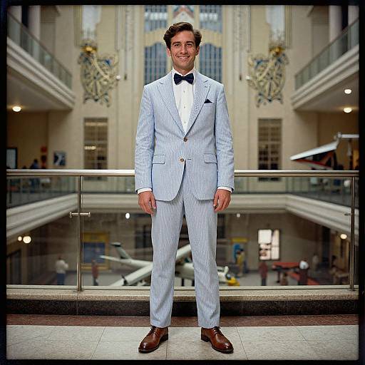 Photograph of a smiling man in a light blue pinstripe suit, black bow tie, and brown shoes, standing in a grand, two-story