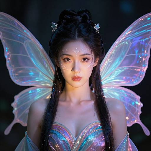 Digital artwork of an Asian woman with glowing iridescent wings, intricate facial markings, and a shimmering, off-shoulder top, against a