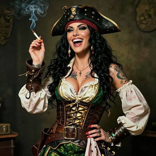 Photograph of a smiling, tattooed woman in pirate attire, holding a lit cigarette, with long black hair, chest tattoos, and a tricorn