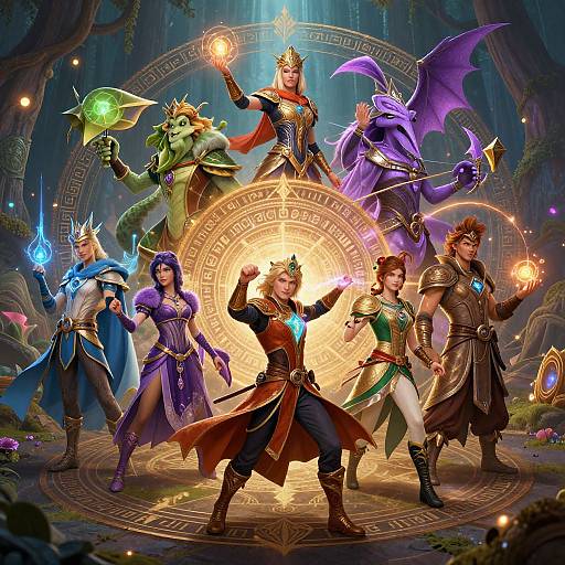 Digital fantasy artwork of six magical warriors, featuring diverse characters with colorful armor, spells, and glowing runes in a mystical forest.