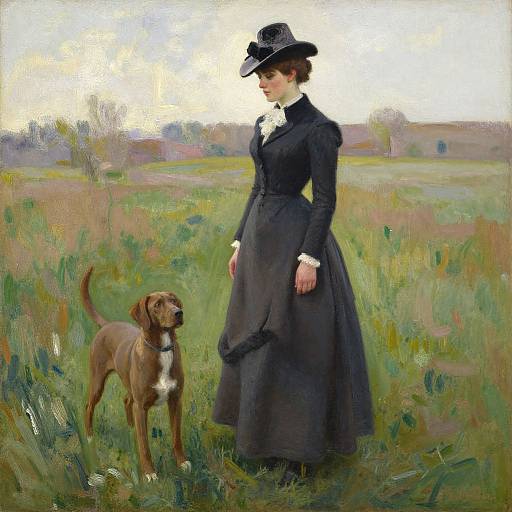 Oil painting of a Victorian woman in a black dress and hat, standing in a grassy field, with a brown dog by her side.