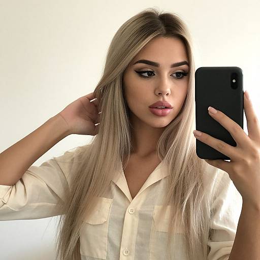 Photograph of a blonde woman with long straight hair, wearing a beige button-up shirt, taking a selfie with a black smartphone against a white background.