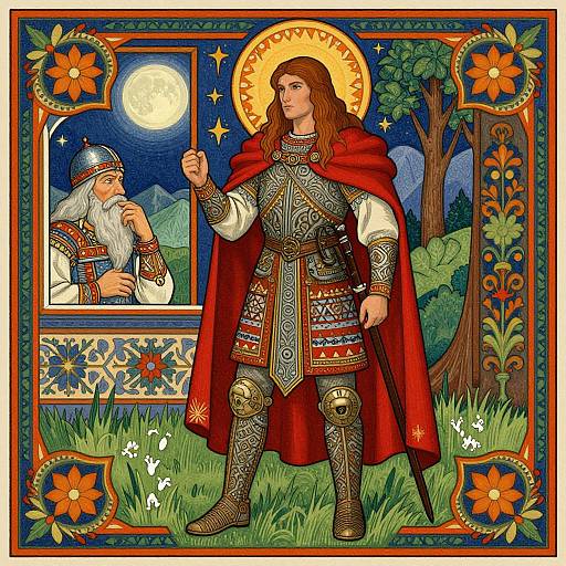 Illustration: Young, long-haired king in ornate armor and red cloak, haloed, stands in grassy field, with bearded elder king