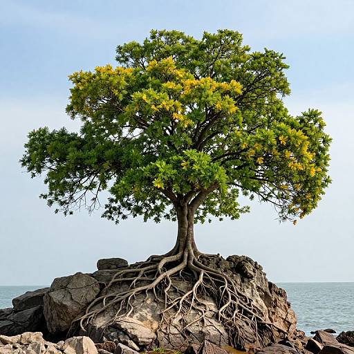 Photograph of a tree with green and yellow leaves, growing from rocky roots over a coastal landscape, clear blue sky background.