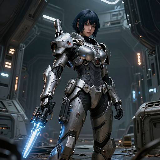Digital artwork of a fierce, black-haired woman in futuristic, silver armor holding a glowing blue lightsaber in a dimly lit, metallic sci-fi corridor