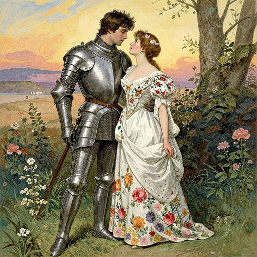 Romantic painting of a medieval knight in shiny armor and a floral dress, standing beside a tree in a sunset-lit meadow.