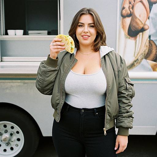 Photograph of a smiling, curvy woman with medium skin tone, dark brown hair, wearing an olive green jacket and white tank top, holding a
