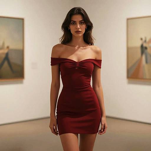 Photograph of a tall, dark-haired woman in an off-shoulder, form-fitting red mini dress, standing in a gallery with blurred paintings