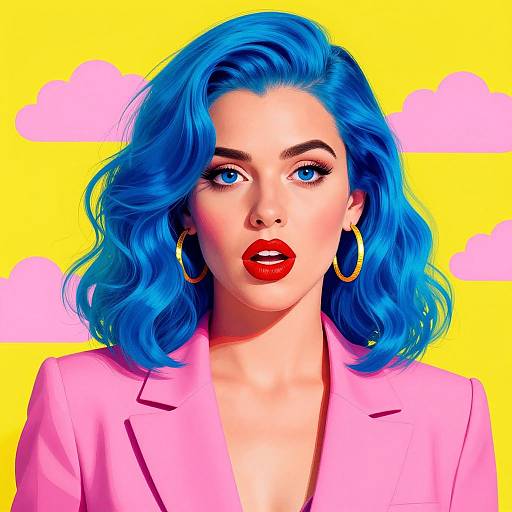 Digital pop art portrait of a woman with vibrant blue hair, red lipstick, gold hoop earrings, pink blazer, against a yellow background with pink clouds