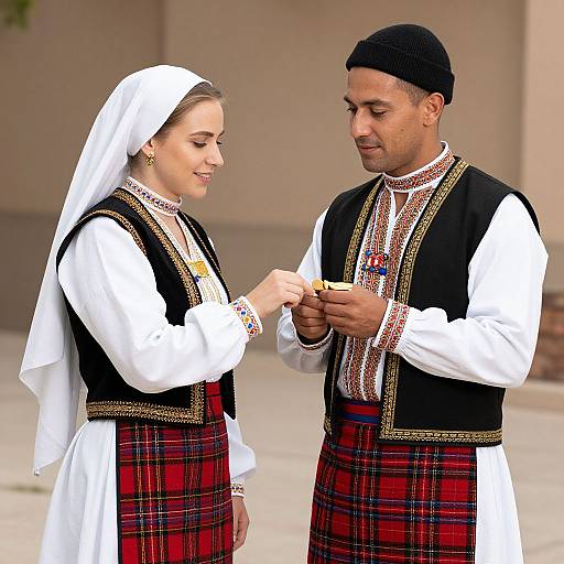 Photograph of a couple in traditional Eastern European folk attire, exchanging food. Woman in white veil, black vest, red plaid skirt; man in