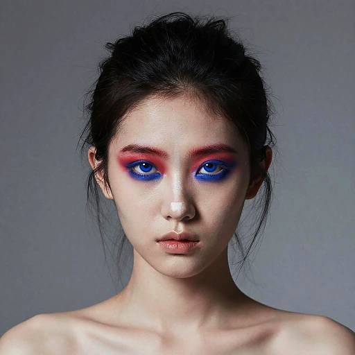 Photograph of a pale-skinned woman with striking blue contact lenses, bold red eyeshadow, and black, messy hair, against a gray background