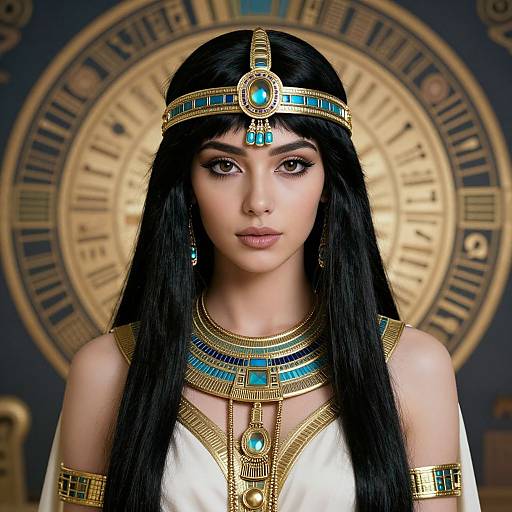 Digital artwork of a fair-skinned woman with long black hair, wearing Egyptian-inspired gold and turquoise jewelry, white dress, and headpiece, against a