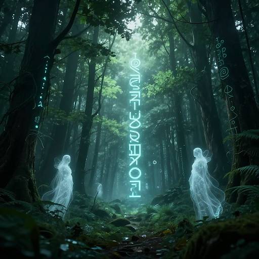 Mysterious digital artwork of a dark, misty forest with glowing blue text 
