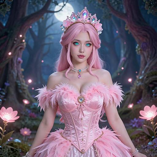 Digital fantasy art of a pink-haired fairy queen with blue eyes, wearing a pink feathered dress and tiara, in a glowing forest.