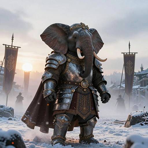 Digital art of a armored, anthropomorphic elephant warrior with large tusks, standing in a snowy battlefield at sunset, surrounded by flags.