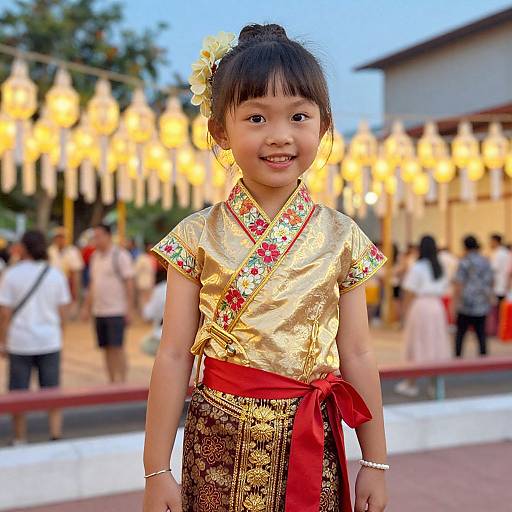 Photograph of a smiling young Asian girl in a gold and red traditional Thai dress, standing in front of glowing lanterns.