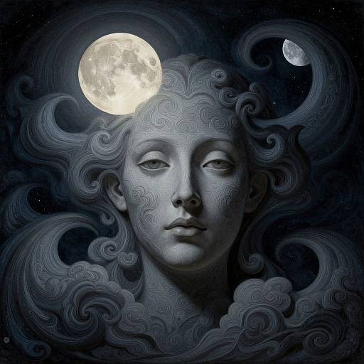 Digital surreal artwork of a serene, gray-toned face with flowing, cloud-like hair, illuminated by a bright full moon against a dark, starry