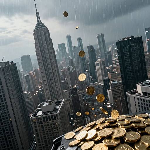 Golden Coins Rain Over Cityscape