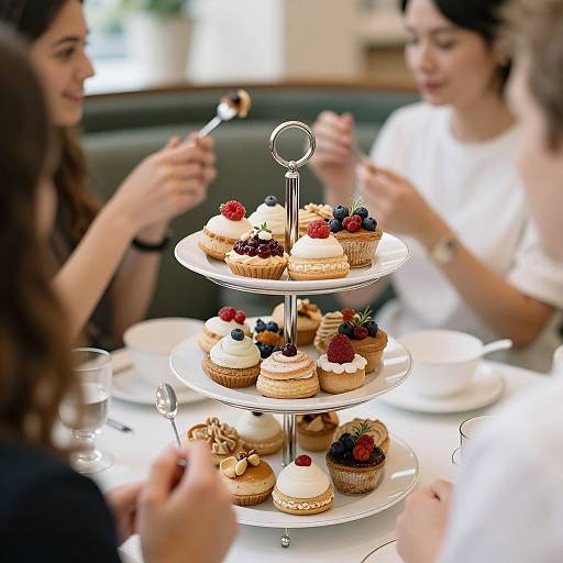 Photograph of two women, one with brown hair and the other with dark hair, enjoying a tiered tray of decorated cupcakes with berries and whipped cream