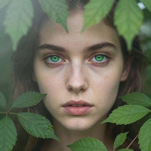 Close-up photograph of a young woman with striking green eyes, surrounded by lush green leaves, creating an ethereal forest vibe.