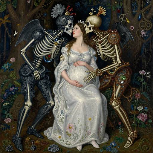 Digital art of a pregnant woman in a white, floral-embroidered dress, surrounded by two skeletal figures with intricate designs, in a dark,