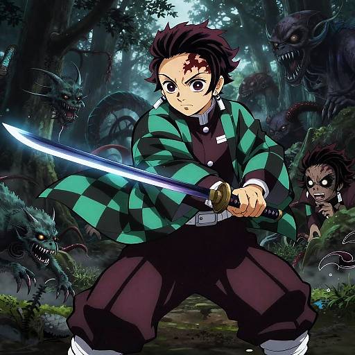 Anime-style digital illustration of a determined young male character with dark hair and green-checkered jacket, wielding a glowing sword in a dark, eerie forest with