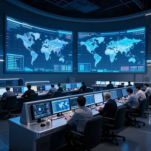 Photograph of a modern, dimly-lit control room with eight male analysts seated at desks, working on computer screens displaying blue-lit world maps