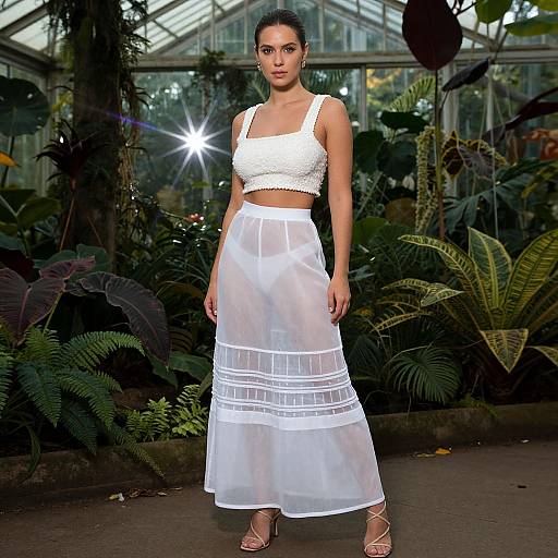 Photograph of a woman with dark hair in a white lace crop top and sheer white skirt with striped details, standing in a lush greenhouse. Sunlight
