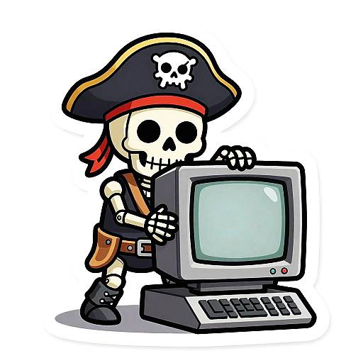 Chibi-style pirate skeleton with skull hat, red bandana, and black boots, operating an old-style CRT computer, cartoonish, colorful, digital