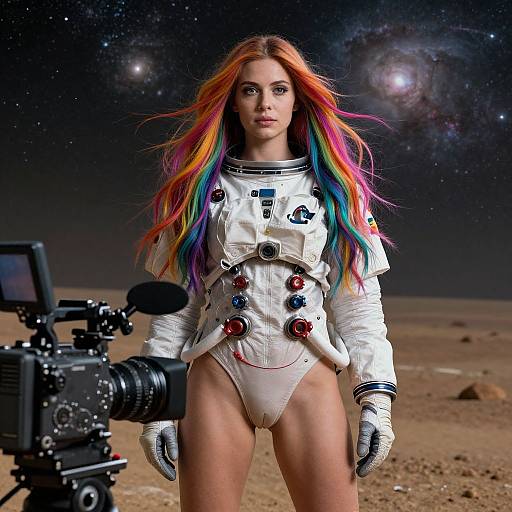 Photograph of a woman with rainbow hair in a white space suit with colorful buttons, standing on a moonlit desert, holding a camera. Stars and